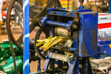 Machine makes a fresh sugar cane juice with press roller, Summer concept