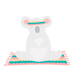 Cute koala sitting on a mat and practicing yoga in a sports armband.