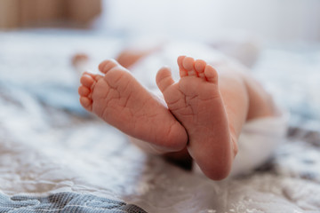 tiny foot of newborn baby in soft selective focus