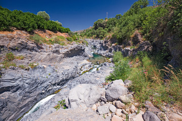 Panoramic view from above of the spectacular Alcantara gorges, in Sicily Italy.