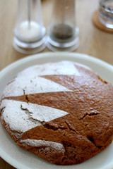 Homemade sponge cake served on a table. Selective focus.