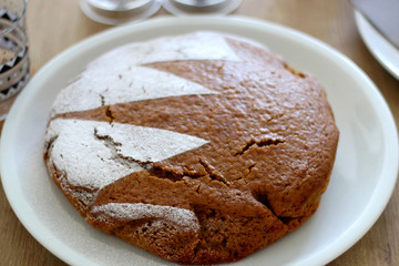 Homemade sponge cake served on a table. Selective focus.