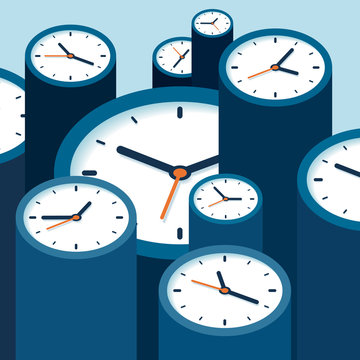 3d Clock icons in flat style, timers on blue background. Time management. More watch. Business vector illustration for you presentation