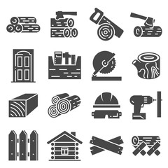 Timber industry icon set. ollection of woodwork tools, carpentry job