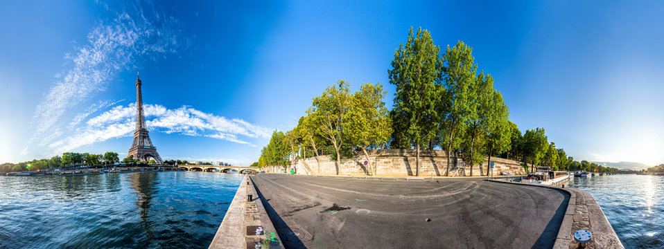 Scenic panorama of the Eiffel Tower and the riverside of Seine in Paris, France. 360 degree panoramic view