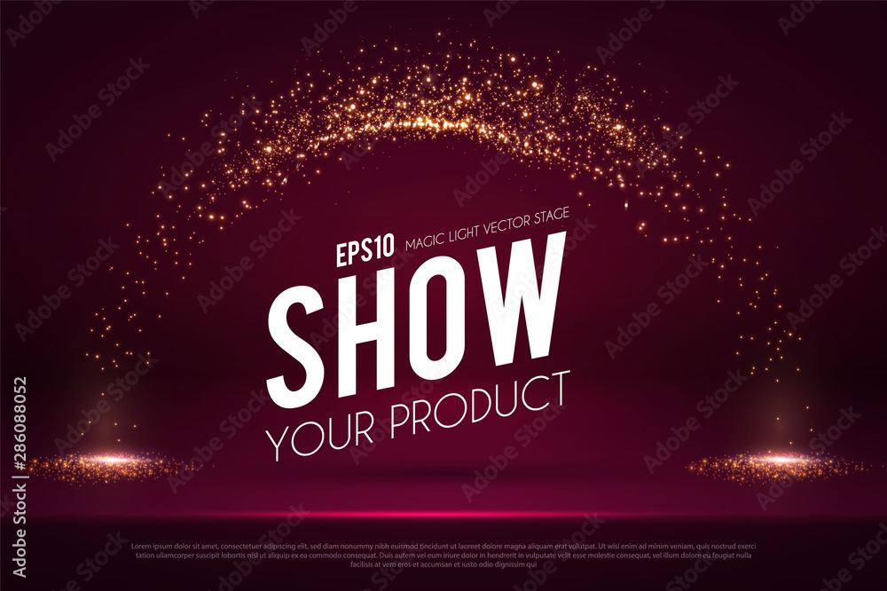 Poster empty scene with magic spotlights. ad and promotion design template.