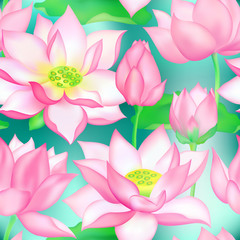 Fototapeta premium Lotus buds and flowers seamless textile print., Water lilly nelumbo aquatic plant illustration.