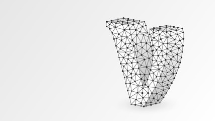 Nu, the letter of a Greek alphabet. Greek numerals, mathematical number fifty concept. Abstract, digital, wireframe, low poly mesh, vector white origami 3d illustration. Triangle, line, dot