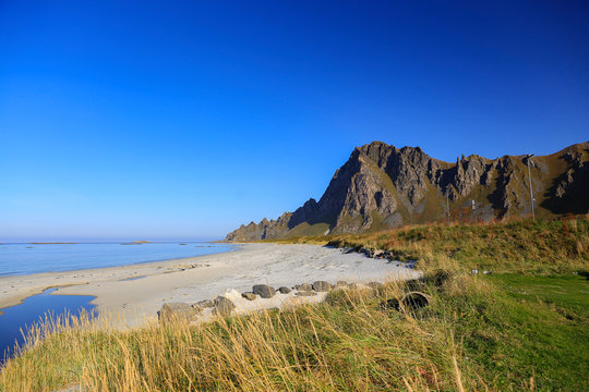 Sandy beach and mountains on Andenes Island in Northern Norway