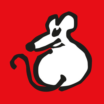 Dessin au trait représentant un rat ou une souris blanche sur un fond rouge