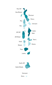 Vector isolated illustration of simplified administrative map of Maldives with names of the atolls. Colorful blue khaki silhouettes