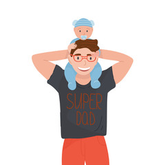 Cute Happy fathers day card design. Smiling young man in t shirt with sign Super dad holding his adorable baby boy in blue clothes with dummy on his shoulders. Isolated flat vector illustration.