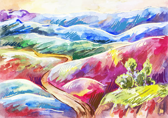 Watercolor multi-colored mountains. Bright  fantastic landscape