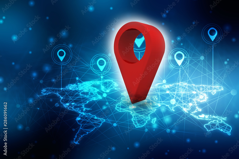 Fototapete 3d rendering red map pointer with world map