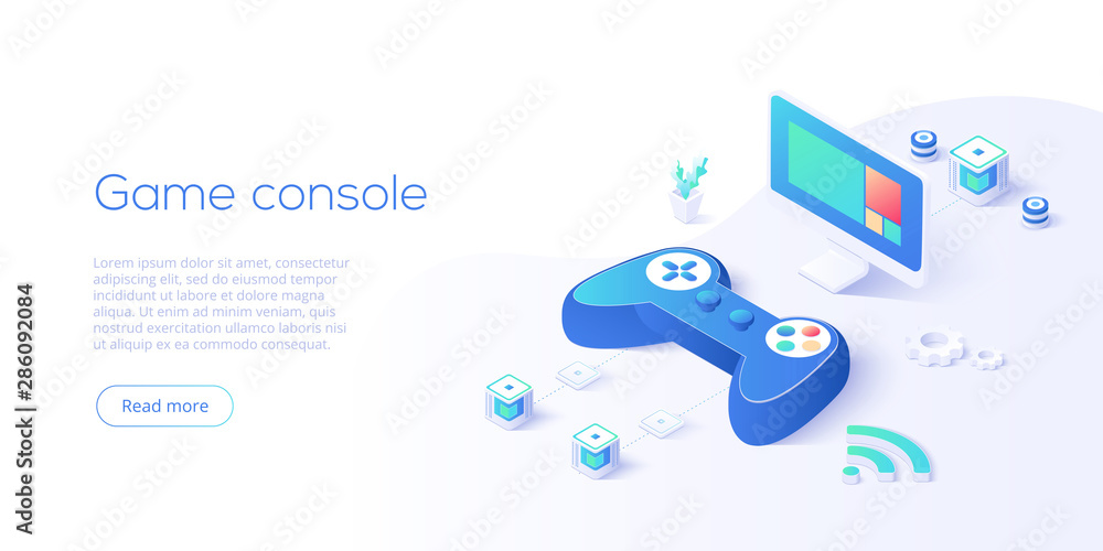 Wall mural video game controller and smart tv in isometric vector illustration. television set with videogame c