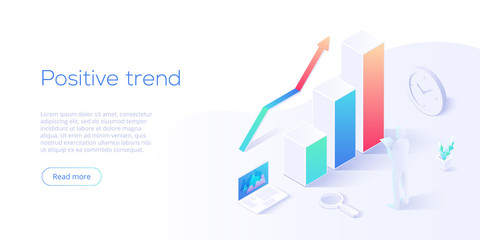 Positive trend isometric vector illustration. Business analysis for company marketing solutions or financial performance. Budget accounting or statistics concept for increasing income.