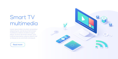 Smart tv multimedia concept in isometric vector illustration. Television set with remote control and mediaplayer box connected via wi-fi internet. Iot or smart home. Web banner layout template - obrazy, fototapety, plakaty