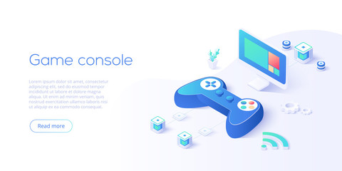 Video game controller and smart tv in isometric vector illustration. Television set with videogame console joystick connected via wi-fi internet. Web banner layout template for website or social media © Graf Vishenka