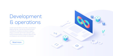 Web development concept in flat design. Developers or designers working at internet app or online service. Creative vector illustration. Web site landing page layout or banner template. - obrazy, fototapety, plakaty