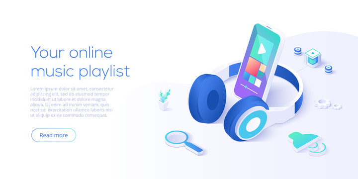 Online music playlist concept in isometric vector illustration. Smartphone streaming audio player app and headphones playing mp3. Web banner layout template for website or social media.