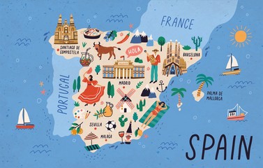 Map of Spain with touristic landmarks or sights and national symbols - cathedrals, flamenco dancer, bull, sangria, paella, man playing guitar. Colorful vector illustration in flat cartoon style. - obrazy, fototapety, plakaty