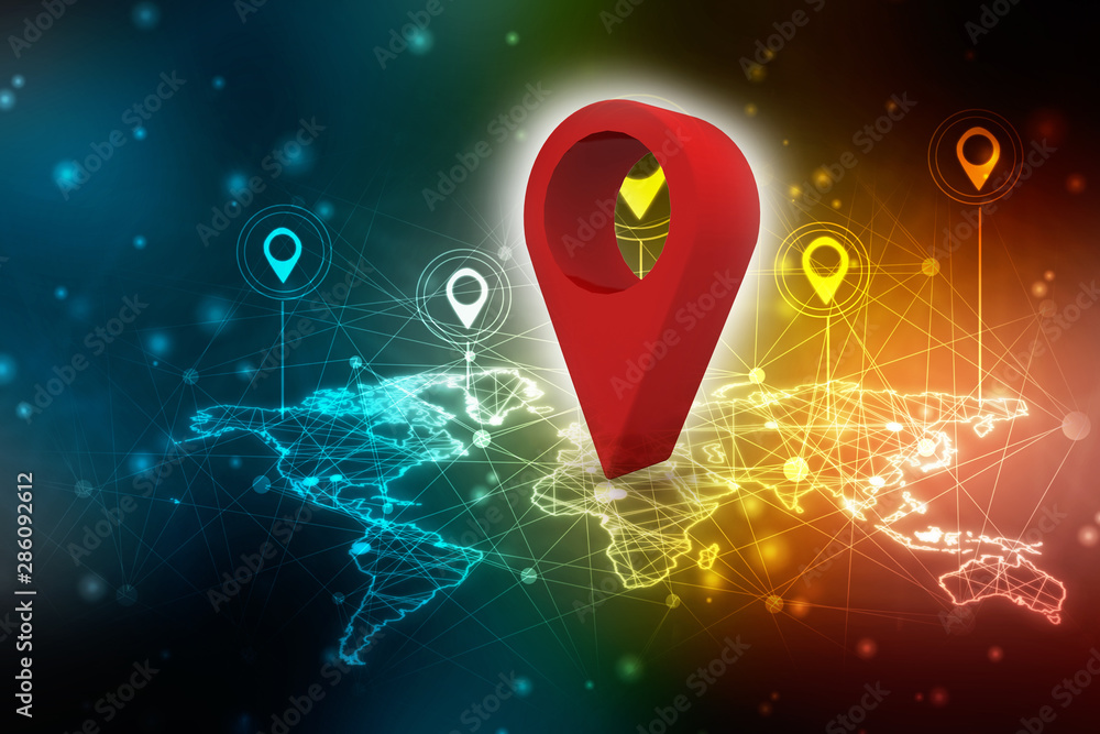 Fototapete 3d rendering red map pointer with world map
