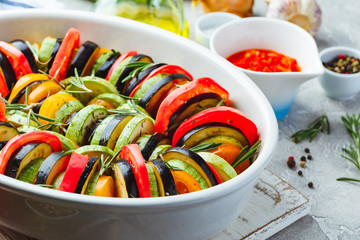 Vegetable ratatouille in ceramic frying pan