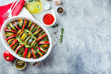 Vegetable ratatouille in ceramic frying pan