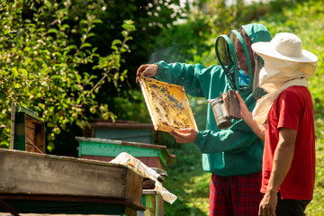 Two beekeepers in protective clothing collect honey. One holds a honeycomb and the other uses a smoker to soothe the bees before removing the frame