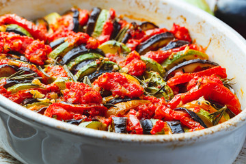 Vegetable ratatouille in ceramic frying pan
