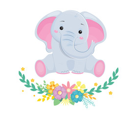 Cute grey elephant with wreath of flowers. Children illustration