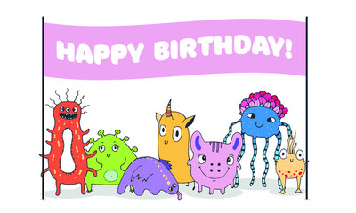 Cartoon sketched monster happy birthday card. Colorful cute characters with funny smile