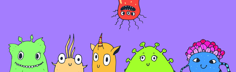 Cartoon sketched monster card. Colorful cute characters with funny smile