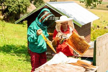 Two beekeepers in protective clothing collect honey. One holds a honeycomb and the other uses a smoker to soothe the bees before removing the frame