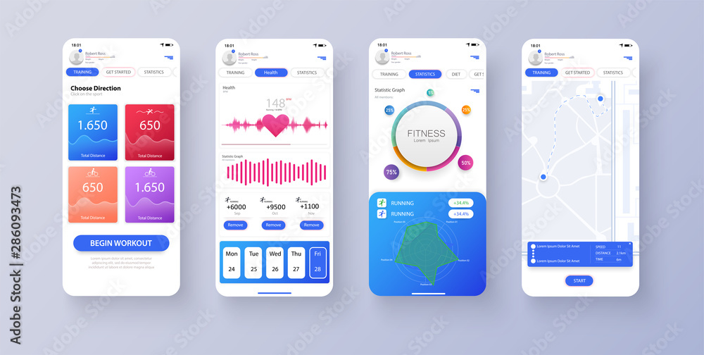 Poster Different UI, UX, GUI screens fitness app and flat web icons for mobile apps, responsive website including. Web design and mobile template. Fitness interface design for mobile application. Vector