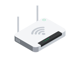 Isometric wi-fi router with two antennas and power button. Vector illustration isolated on white background. - obrazy, fototapety, plakaty