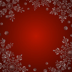 Christmas illustration with frame of large complex translucent snowflakes on red background. Transparency only in vector format