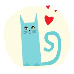 Funny cat  card template. Abstract cute childihs craft cat illustration for design birthday card, bag print, pet shop advertising, veterinary clinic poster, kids room etc.