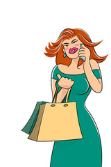 Young woman with shopping bags talking on mobile phone on white background