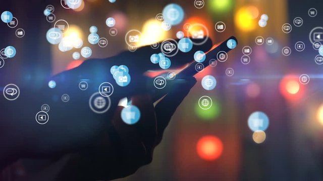 hand touch screen smartphone connect to internet, social media icons interface on screen,New media concept