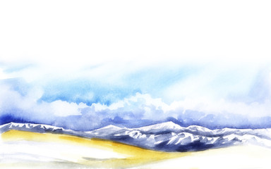 Landscape pastel colors. Yellow Valley, purple mountains with white snow peaks. Blue sky cumulus white clouds Abstract watercolor background with blur effect. Hand drawn illustration on texture paper.