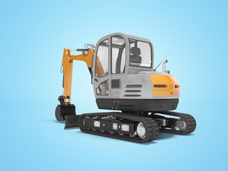 Orange mini excavator with hydraulic crawler mehlopatoy with bucket rear view 3d render on blue background with shadow