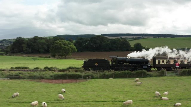 Somerset steam train aerial through the English countryside