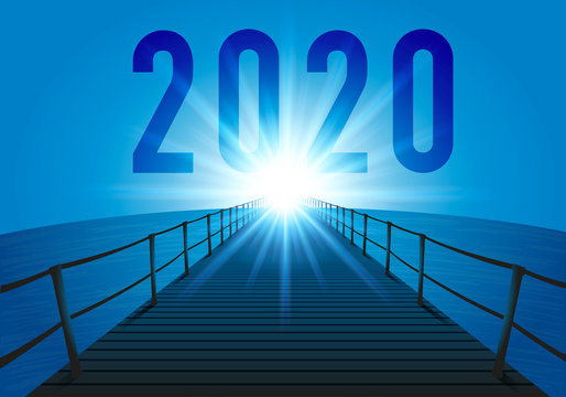 L’année 2020 avec le concept de l’objectif à atteindre, en prenant comme symbole un ponton au dessus de l’océan orienté vers les rayons du soleil qui pointent comme un repère à l’horizon.