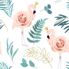 Abstracte naadloze patroon met flamingo& 39 s, rozen en eucalyptus takken. Aquarel zomer print. vector illustratie