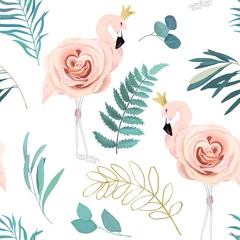 Washable wall murals Flamingo Abstract seamless pattern with flamingos, roses and eucalyptus branches. Watercolor summer print. Vector illustration