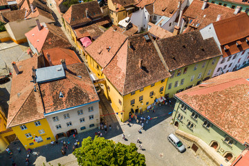 Aerial summer view of old medieval house, the birthplace of Vlad Dracula, in old city of...