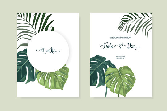 Exotic tropical palm tree. Frame border background. Summer vector illustration. Template set for card. Watercolor style