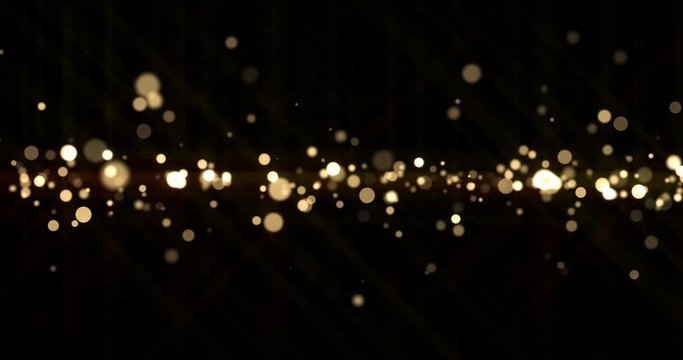 Gold light bokeh sparks, golden glitter particles shine wave. Shiny bright snow bling effect, shimmering dust light and magic glow sparkles, Christmas luxury background