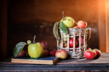 Fresh harvest of ripe and healthy farm apples in a glass jar, in a basket.